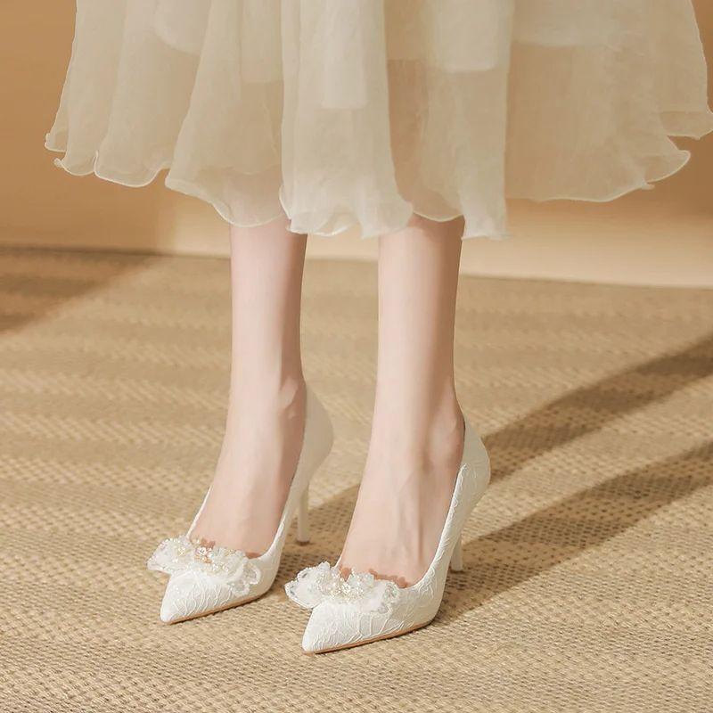 Women Lace Bow Tie Stiletto Heel Pearl Wedding Shoes Bride Thin High Heels White Pumps Pointed Toe Dress Party Shoes