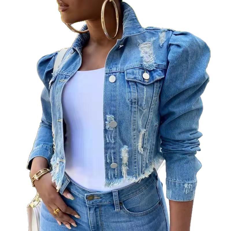 Women's Puff Sleeve Ripped Denim Jacket