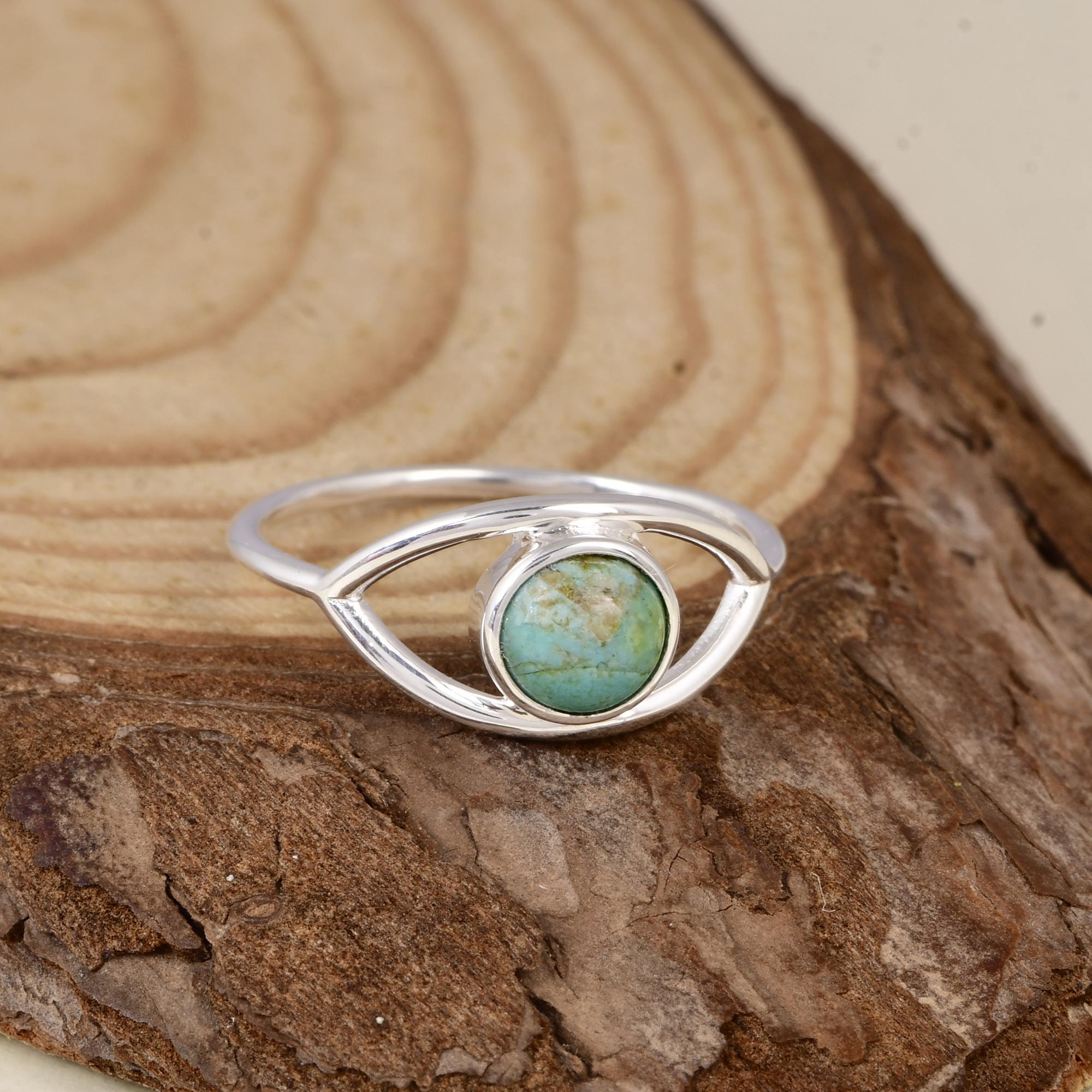 925 Sterling Silver Kingman Turquoise Evil Eye Ring, 6mm Round Natural Turquoise Ring, Minimalist Protection Jewelry Gift for Her 5