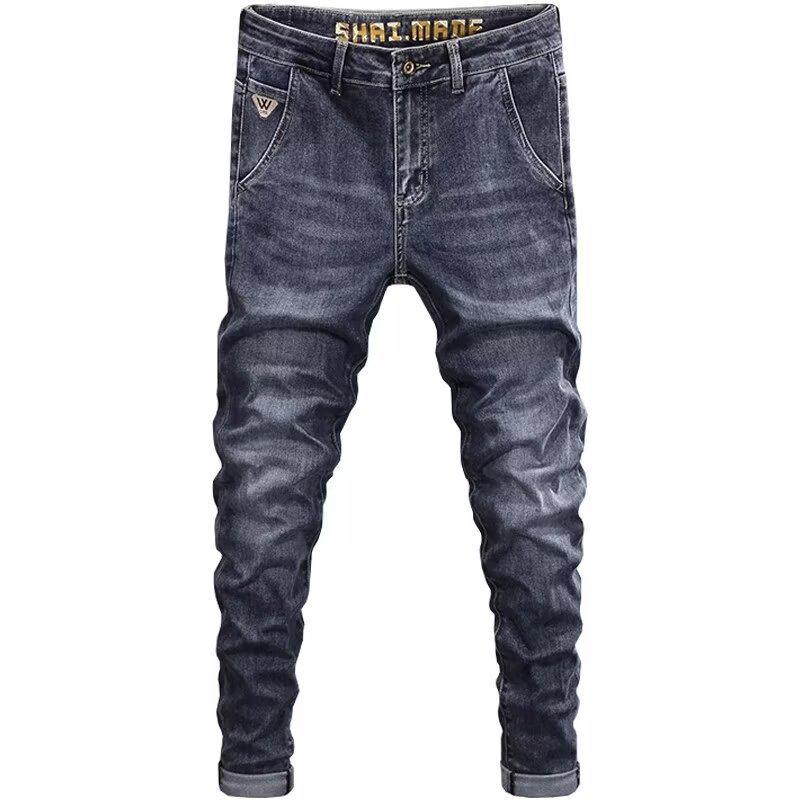 Pánské tmavě modré džíny slim fit v korejském stylu - Trendy, všestranné, elastické na jaro/léto.