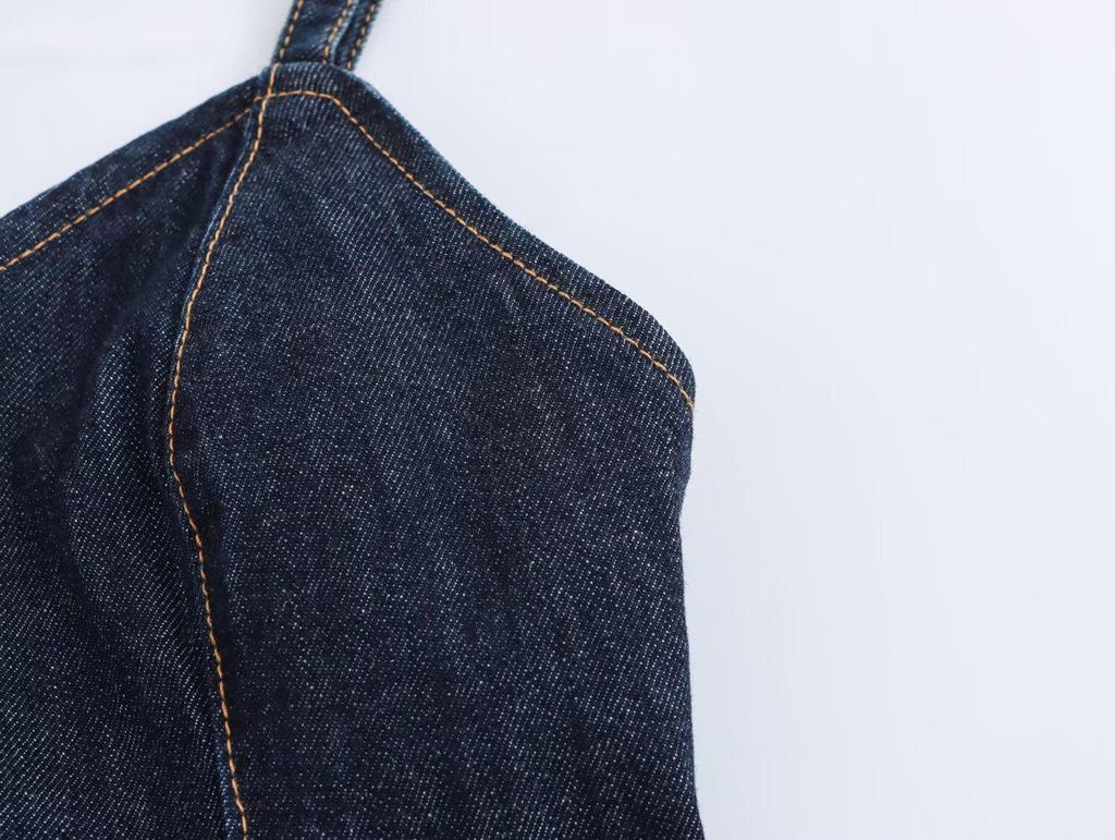 Spring 2025 Women's European & American Style Sexy V-Neck Spaghetti Strap Wave Hem Denim Jacket Top