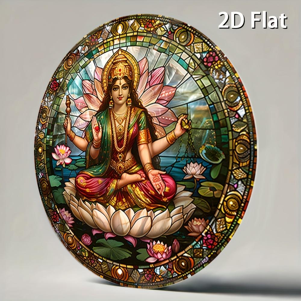 [2D Flat] 1pc Vintage Metal Sign - Hindu Goddess on Lotus Throne Aluminum Round Poster, Serene and Divine Imagery, Retro Wall Ar