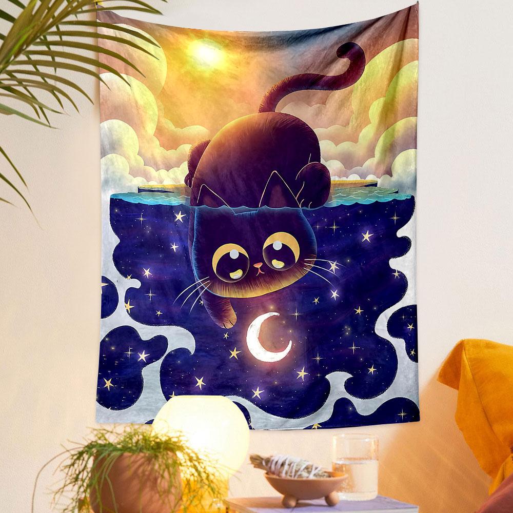 "Cat and Moonlit Starry Sky" Patterned tapestry home decor, suitable for bedroom and living room, gift