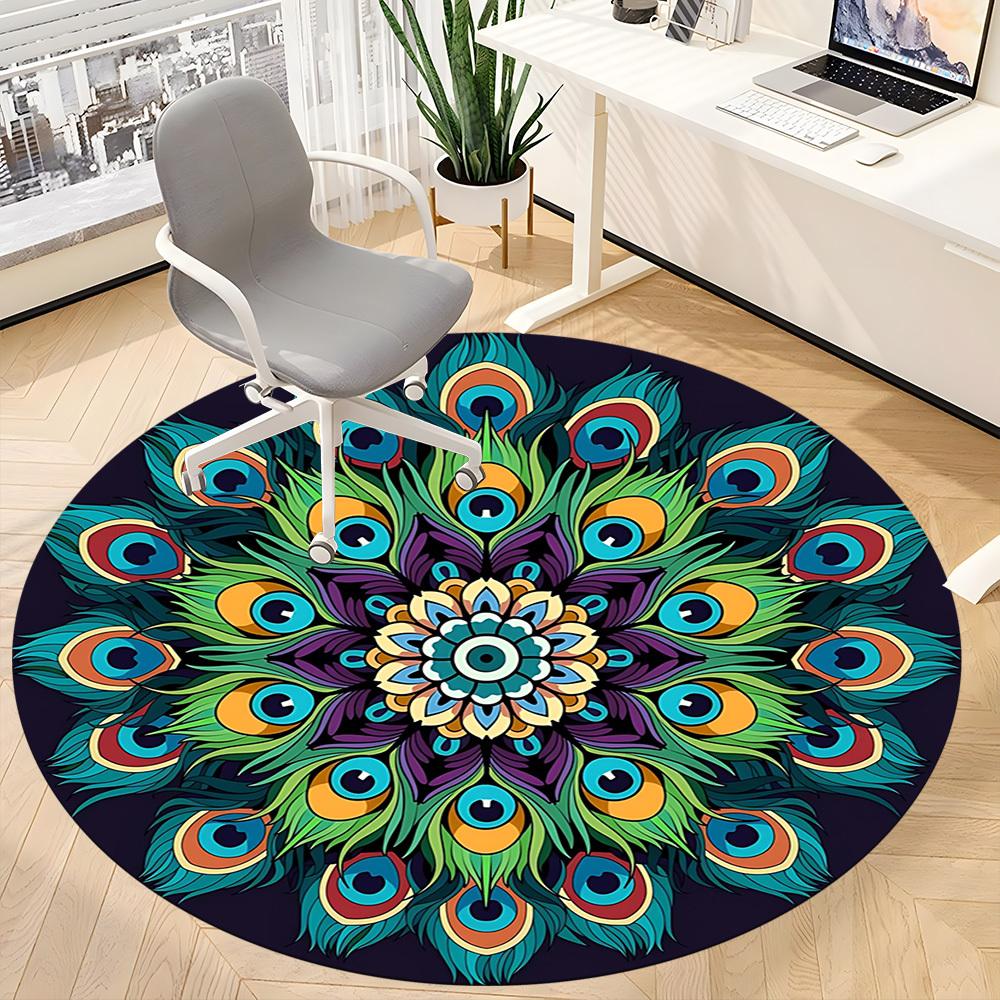 1PC Peacock Feather Mandala Office Round Rug, Non Slip, Soft and Durable Office Rug for Interior Decoration, Perfect for Office