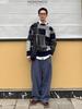 [CHANGE WELL] Men's 2025AW Fashionable Oversized Autumn/Winter Vintage-Style Patchwork Design Loose Silhouette Long-Sleeve Knit Sweater (NAVY, M)