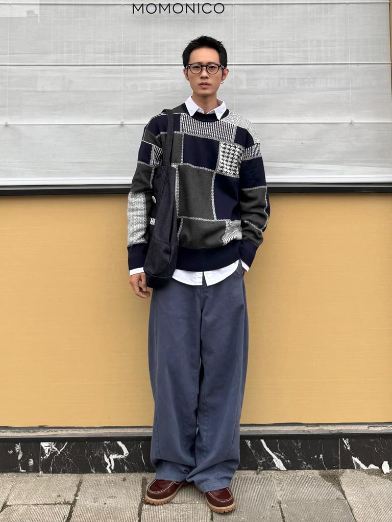 [CHANGE WELL] Men's 2025AW Fashionable Oversized Autumn/Winter Vintage-Style Patchwork Design Loose Silhouette Long-Sleeve Knit Sweater (NAVY, M)