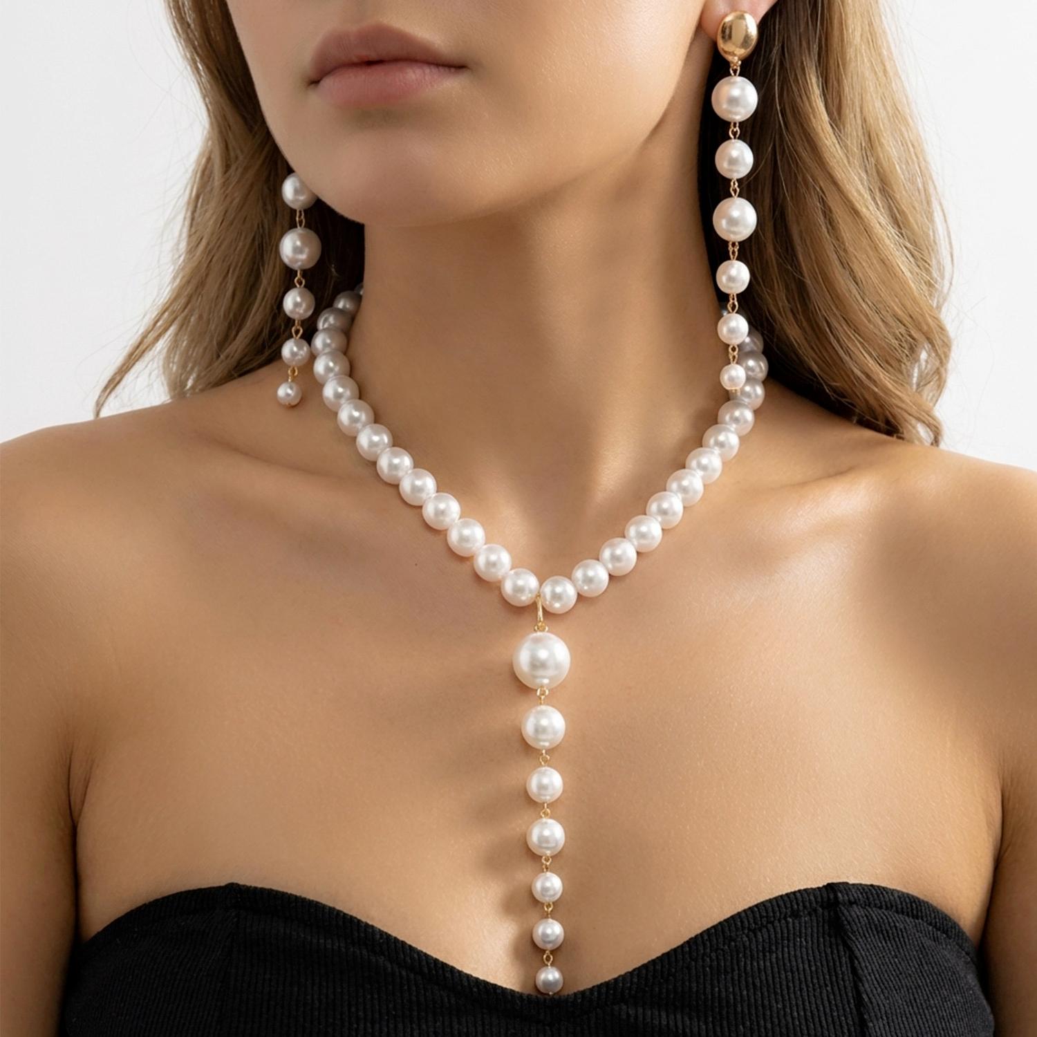 

Elegant Imitation Pearl Long Tassel Earrings Necklace Set for Women Girl Fashion Handmade Beaded Chain Necklace Wedding Jewelry