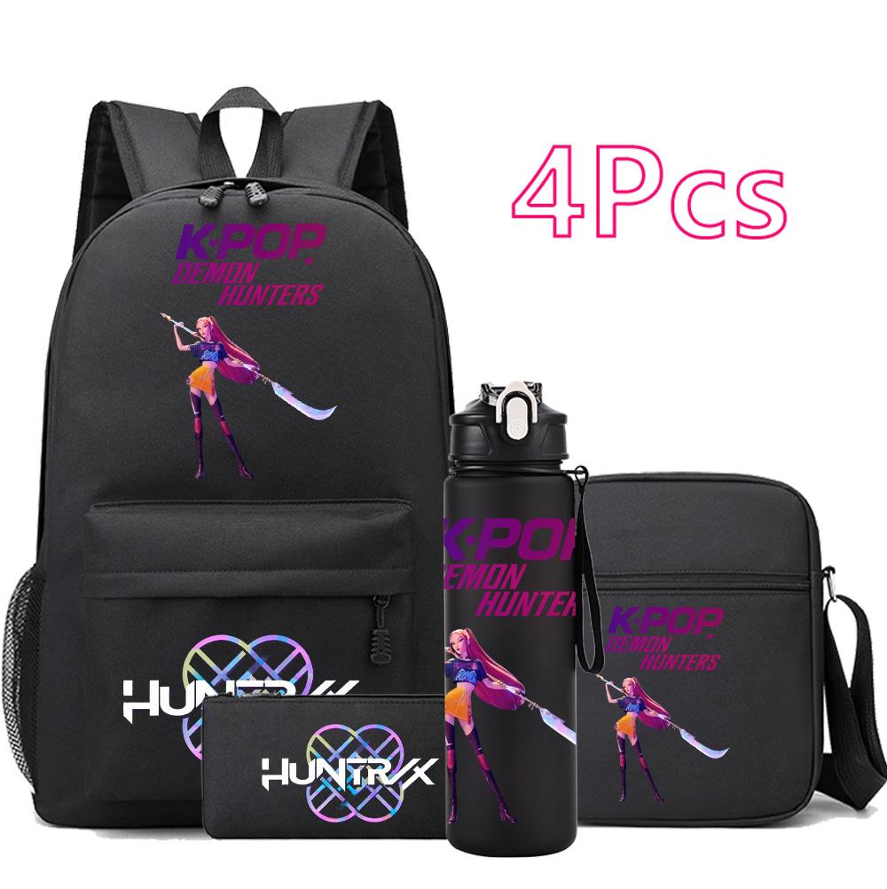 4Pcs/set Anime Cartoon K-Pop Printed Backpack with 750Ml Water Bottler for Teenager Student Girl Boy Bookbag Kid Gift Large Capacity Travel Bag