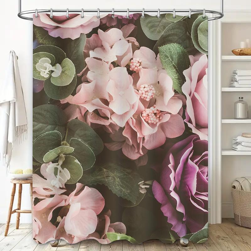 Zasłona prysznicowa z nadrukiem kwiatowym, Różowe Fioletowe Róże Hortensje Wystrój Ogrodu Wkładka do łazienki Wodoodporna Tkanina Poliestrowa Wystrój Domu