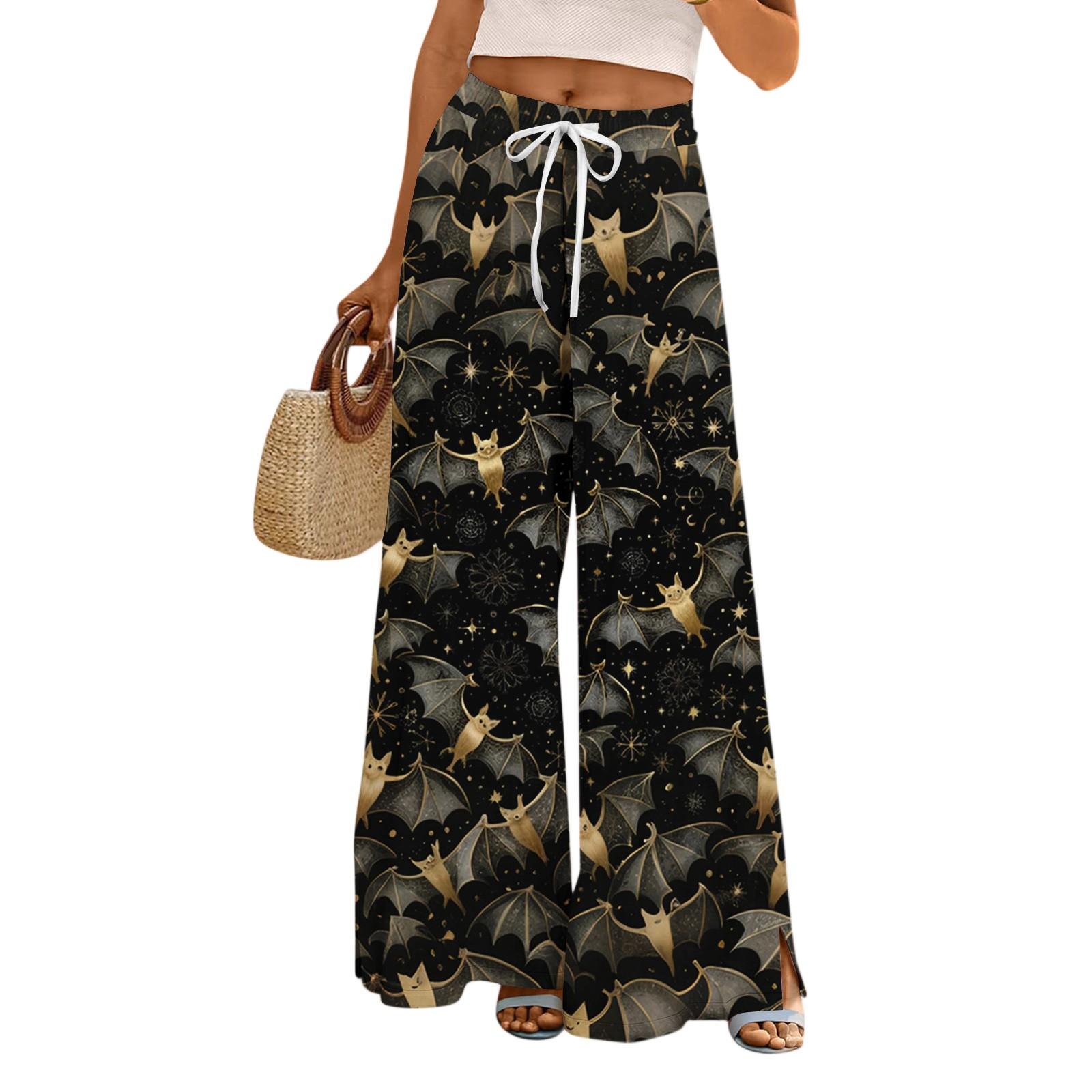 

Женские свободные и повседневные брюки с широкими штанинами с принтом на Хэллоуин, эластичным поясом, кулиской и карманом S чёрный