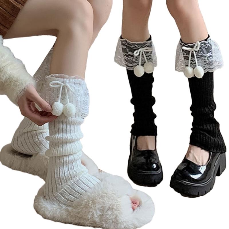Lolitas Plush Ball Ruffle Frilly Leg Warmers Knitted Leg Sleeves Goth Crochet Ankle Heap Socks JK Uniform Foot Cover