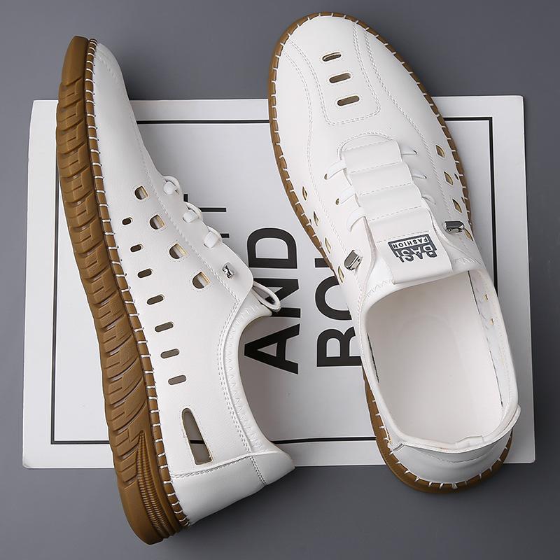 2025 Summer Shoes for Men Leather Sandals Hollow Out Slip-on Loafers Comfortable Leather Casual Shoes