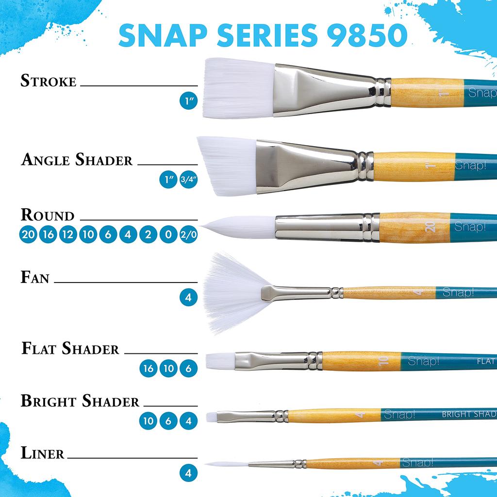 Princeton Snap Paint Brush 9850 Angle Shader Watercolor/Acrylic SET-3 (Round 0/2/6, 3/4)