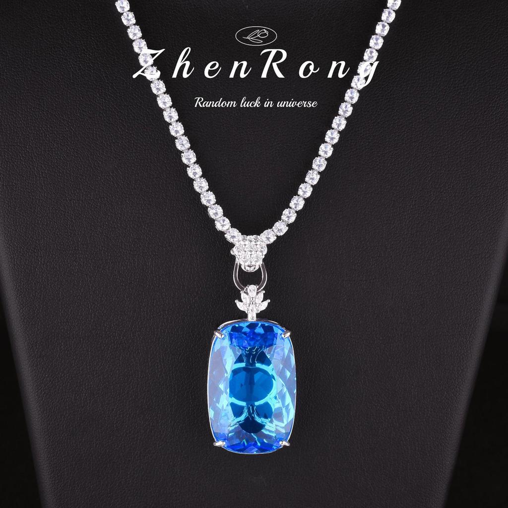 Aquamarine Topaz Pendant - 20 Carat Rectangular Gemstone Necklace In Bird's Nest Fanta Padparadscha Design