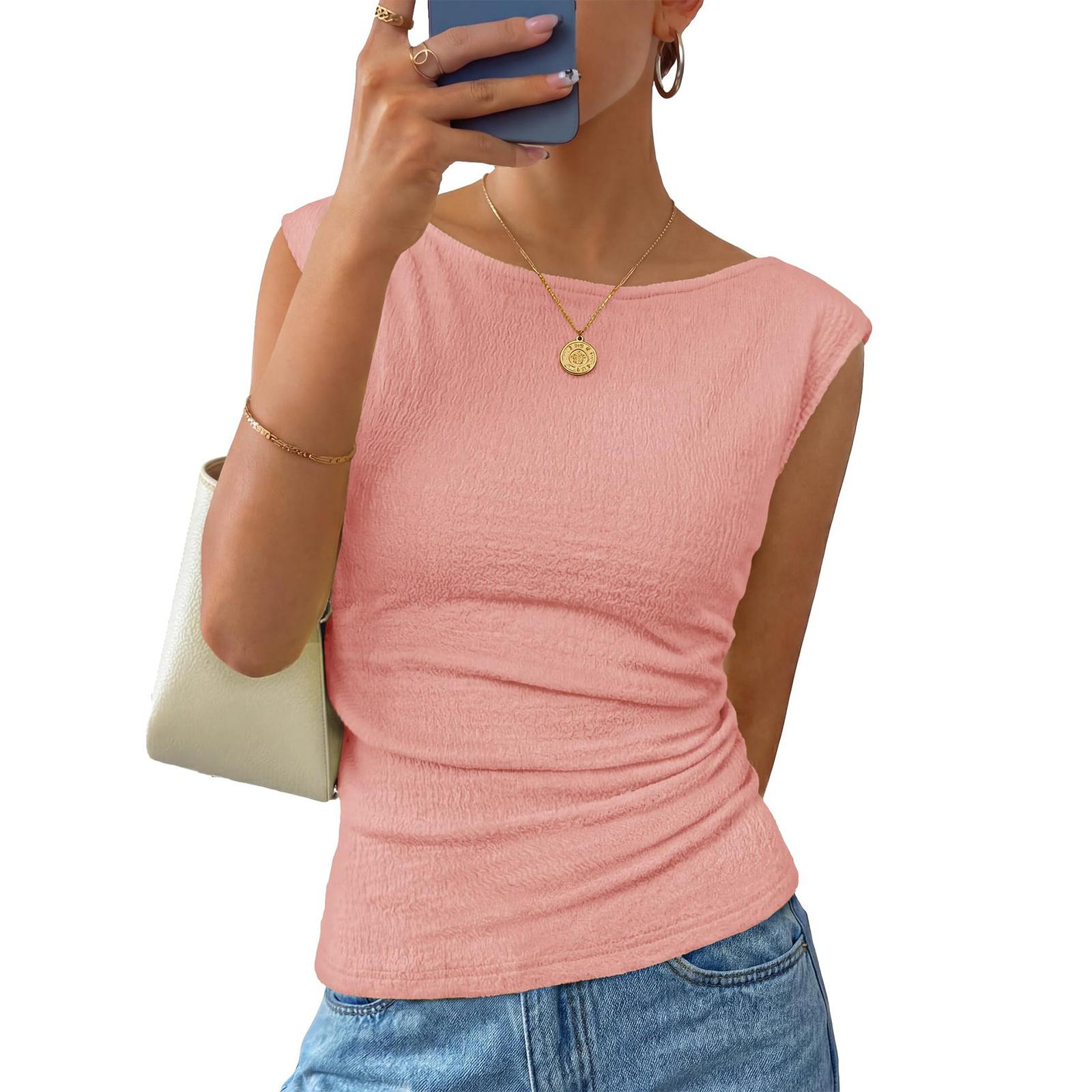 Женская летняя модная цветная круглая шея без рукавов жилет пуловер футболка топ M розовый