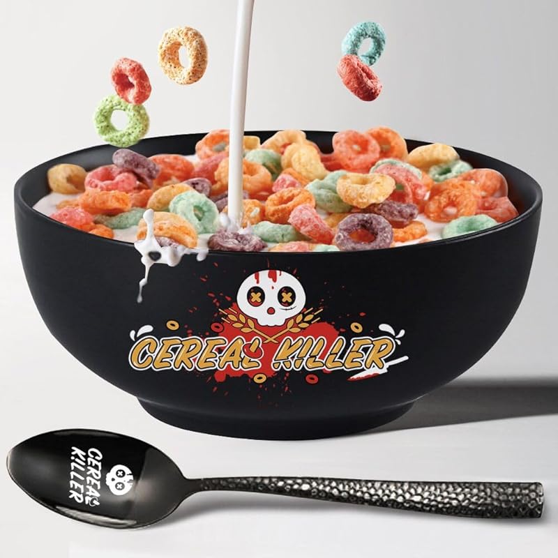 33 OZ Large Ceramic Cereal Killer Cereal Bowl Set - 7   Caliber Matte Black Bowl + Stainless Steel Cereal Killer Spoons - Big Bowl, Big Pun, Big Fun Large Cereal Bowl Set