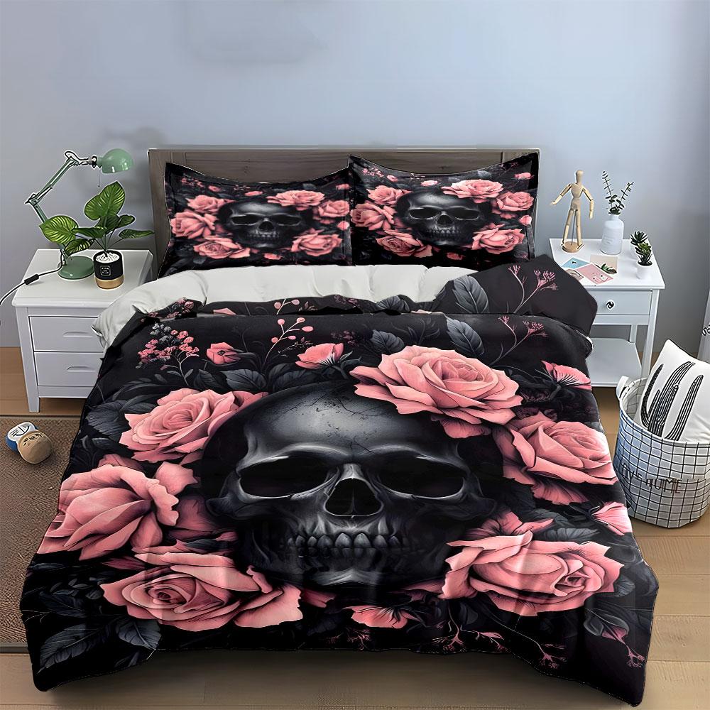 Skull and Pink Roses Design Bedding Duvet Cover Set (1*Duvet Cover 2*Pillowcases, Without Duvet Insert)