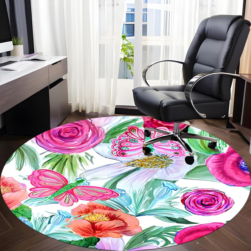 1pc Floral Butterfly Office Round Rug, Non-slip, Soft and Durable Office Rug for Interior Decoration, Perfect for Office, Beautiful Decoration yy26032