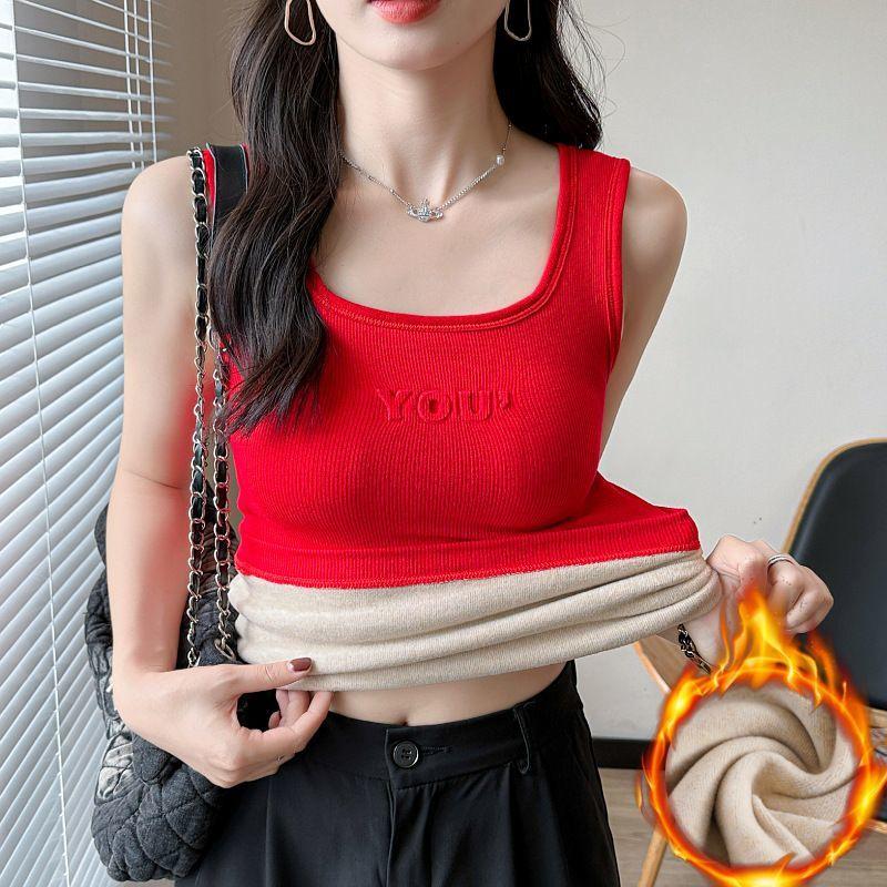 Winter Women Thermal Vest Seamless Thick Plush V Neck Slim Sleeveless Inner Wear Bottoming Tank Top