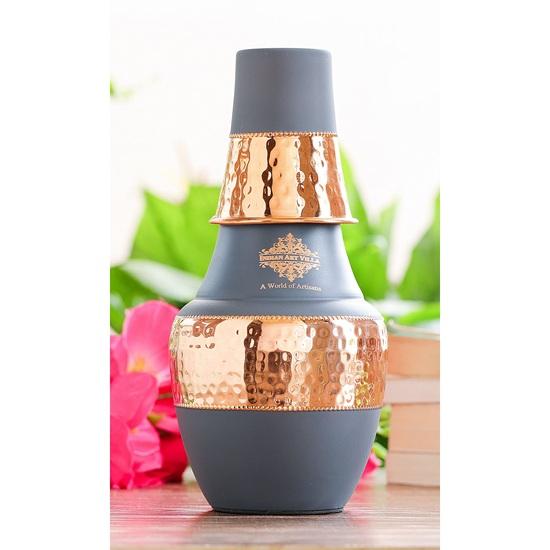 Pure Copper Bedroom Water Bottle with Inbuilt Glass, Surahi Design Grey Half Silk Half Hammered Finish Storage Drinkware, Volume 1250 Ml