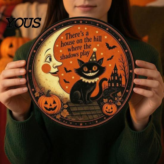 Holiday Party Wall Decoration Retro Halloween Sign, Round Metal Decorative Vintage Festive Home Ornament Rustic Art Decor for Living Room Mounted