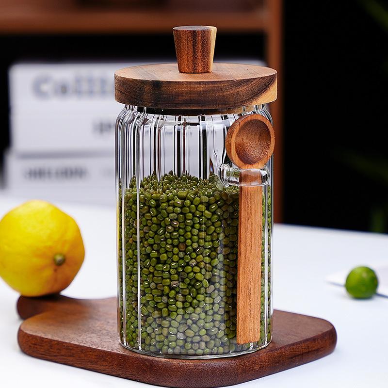 New household thickened honey storage tank with stirring stick Acacia wood cover transparent glass food sealed jar
