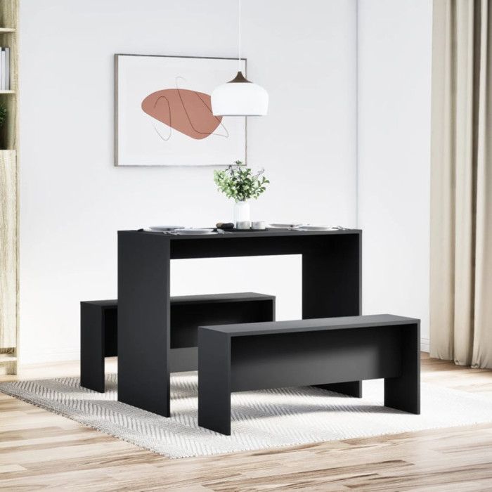VidaXL Ensemble table à manger et bancs 3 pcs noir bois d'ingénierie, ensemble de table à manger, table à manger avec bancs, 855531