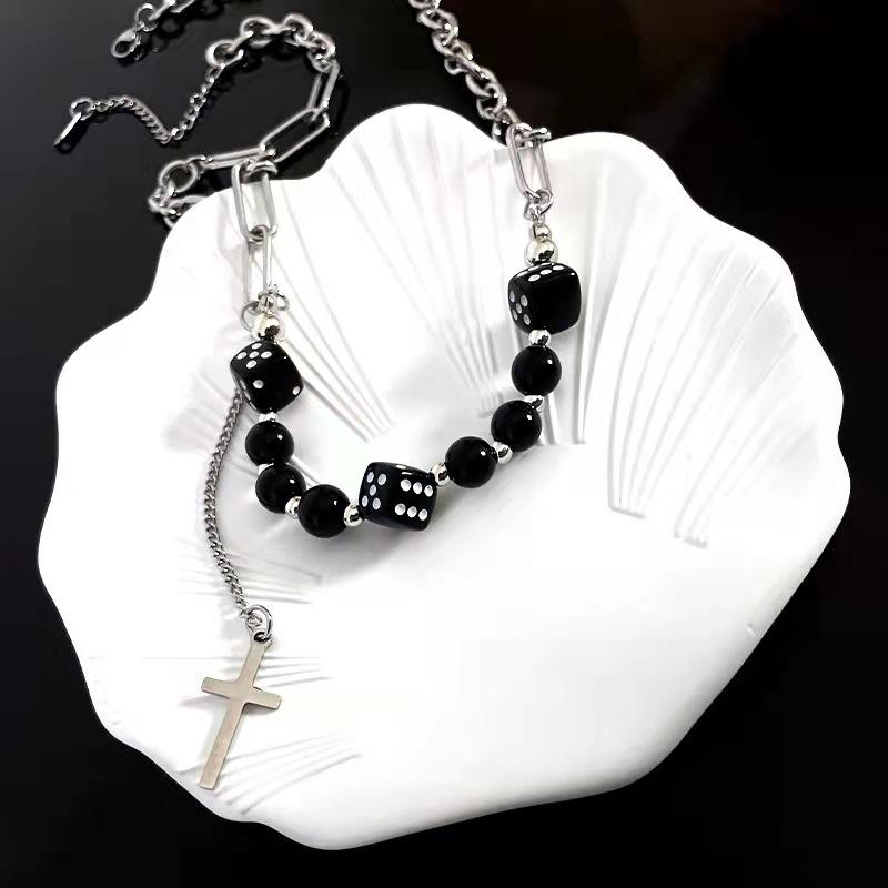 New Dice Cross Tassel Splicing Necklace Titanium Steel Hip Hop Cool Style Accessories Trendy Jewelry Pendant for Women
