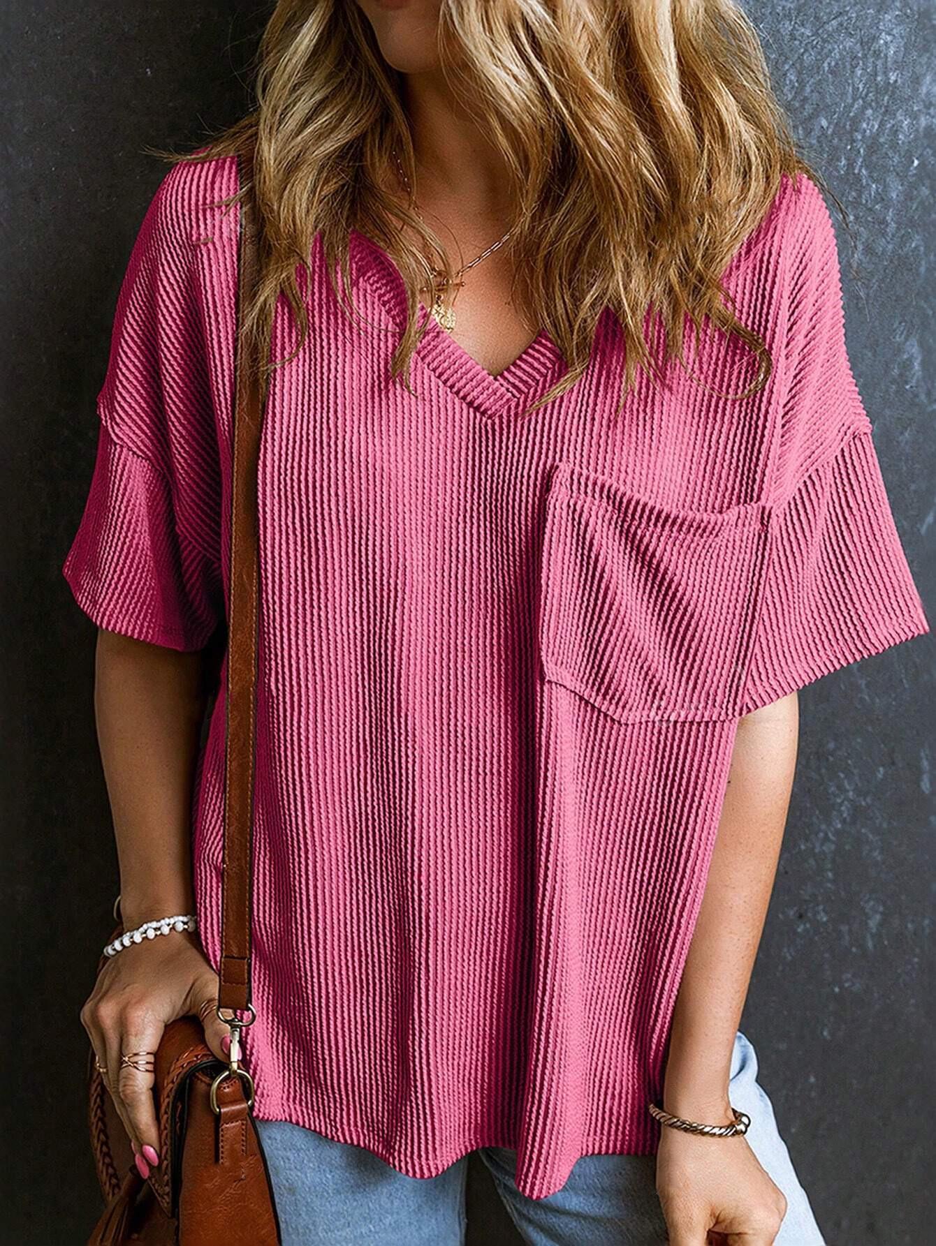 2026 Spring/Summer Two-Tone Twist V-Neck Short Sleeve Top for Women L розы красного