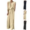 Damen Casual Ärmelloser Pullover Baumwolle Leinen Weitbein Hose Einfarbig Anzug