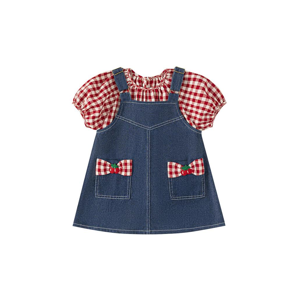 

Childrens Casual Gingham Dress Set With Short Sleeves And Bow For Girls Ages 3 To 8 90CM