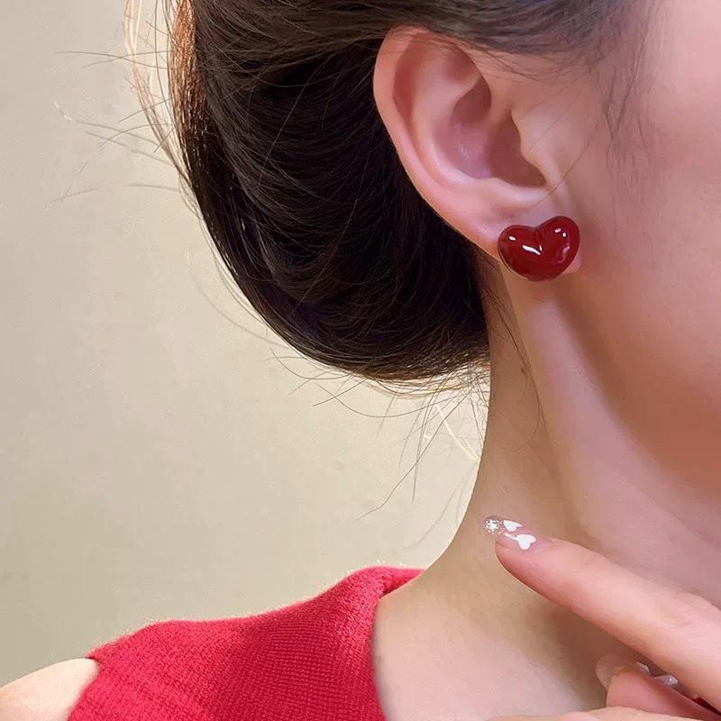 Versatile Retro Red Heart Angora Multi-Wear Earrings - High-End Fashion Studs for Sweet Commuting