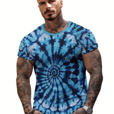 Men's 3D Print T-Shirt, Blue Spiral Pattern, Short Sleeve Crew Neck, Casual Fashion Top For Outdoor Style