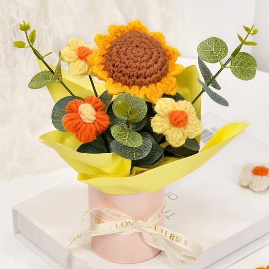 Crochet Flower Bouquet Handmade Artificial Knitted Bouquet Fake Sunflower Carnation Tulip Puff Flowers Gifts for Mother Wife On Birthday Anniversary