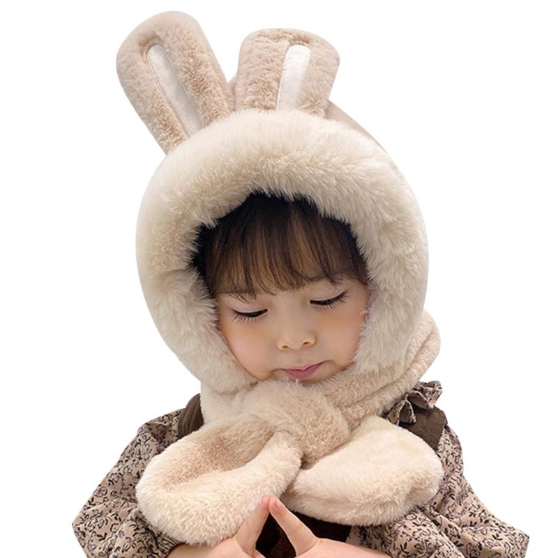Kids Winter Hat Warm Plush Scarf Hats Thick Earflap Hooded Caps with Rabbit Ears Decoration for Boys Girls Ages 3-8