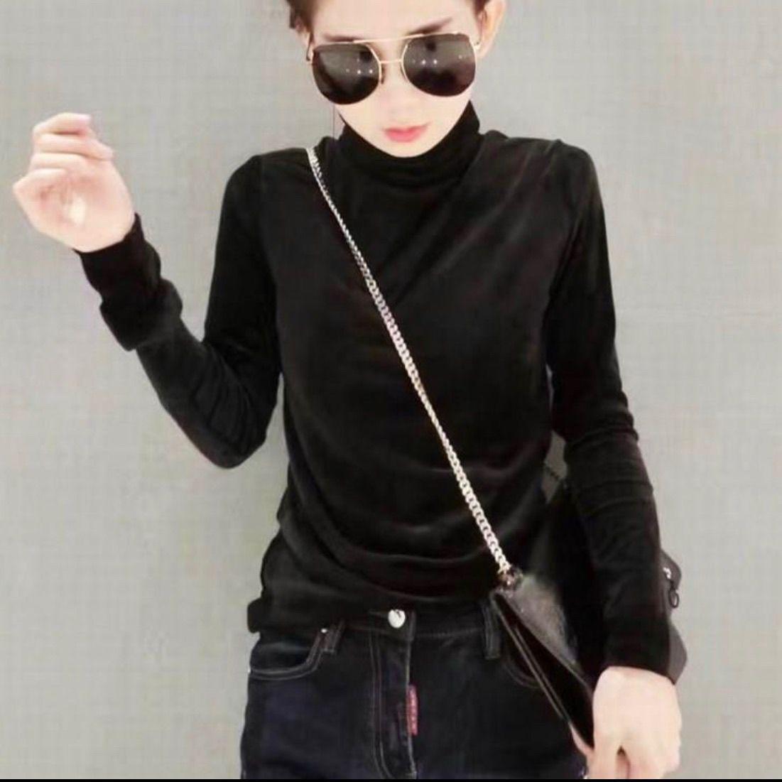 

2024 Европейский стиль Женская футболка с высоким воротом из золотого бархата с длинным рукавом 2XL (125-140 jin) чёрный