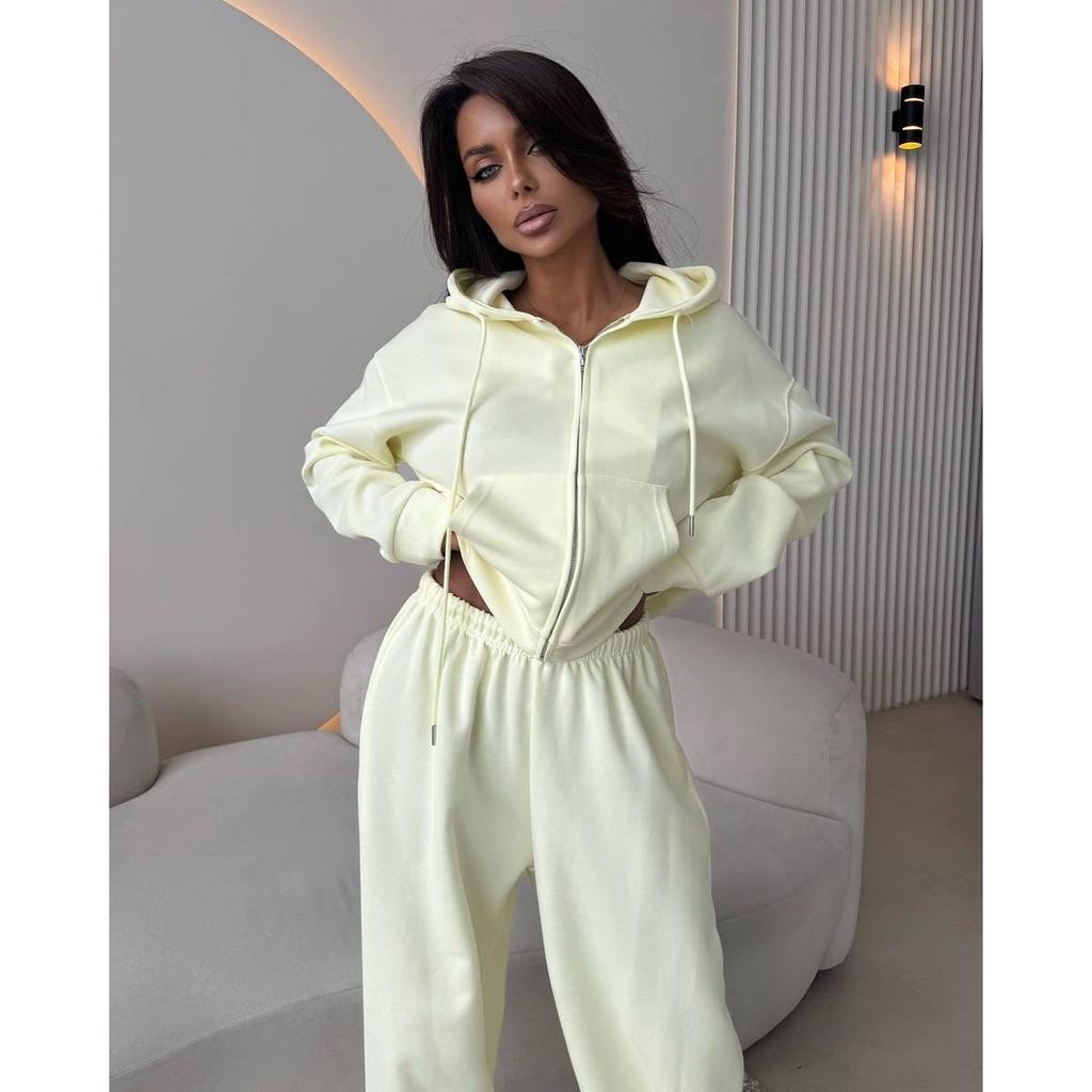 Sports Suit Long Sleeved Zipper Cardigan Hooded Sweatshirt with Zip Ties Long Pants Two-piece Cotton Set