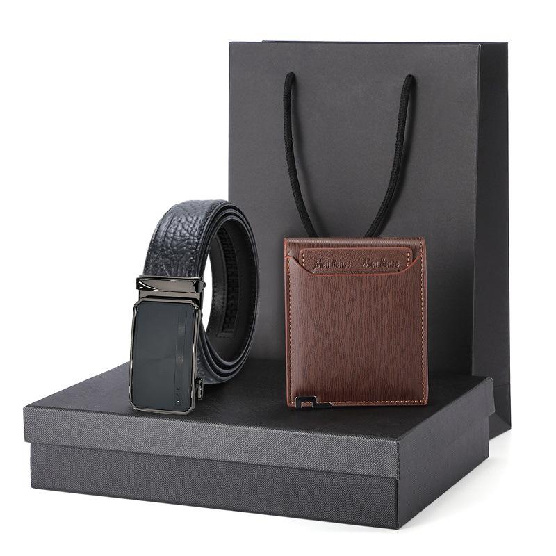 

First layer bison pattern leather belt wallet set gift box men s business gift brand belt 120, 125, 130cm (length can be noted)