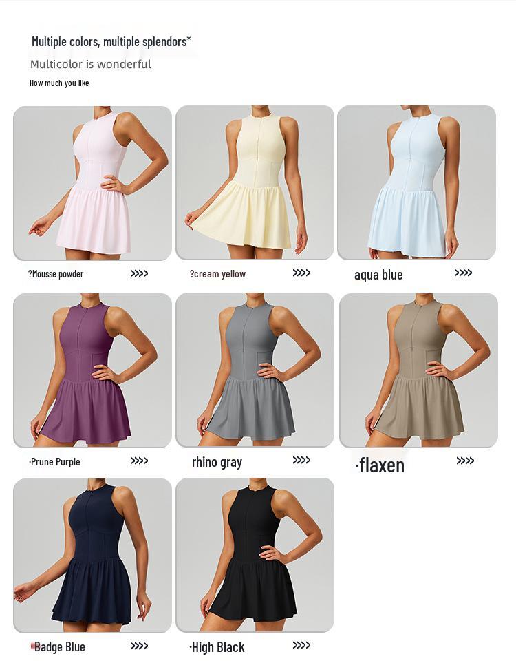 Cloud-feel Dual-Layer Anti-Exposure Tennis Dress with Stand-up Collar (9094)