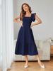European and American summer new medium and long solid color splicing square neck dress A-shaped skirt