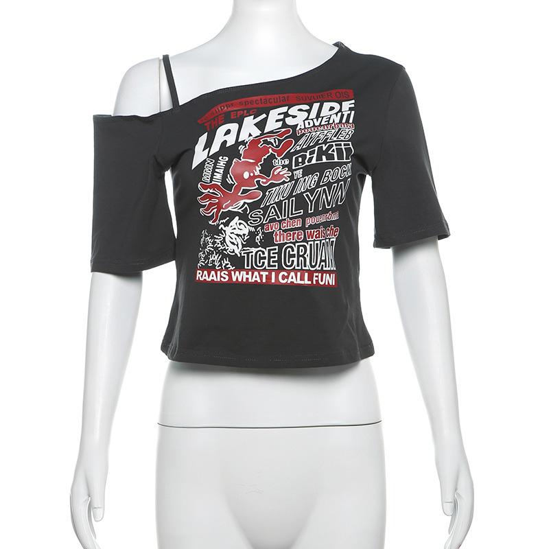 Gothic T-Shirt Y2k Buchstabenprint Off-Shoulder Punk T-Shirts Damen Harajuku Sommer Streetwear Grunge T-Shirt Ästhetische Sexy Crop Tops