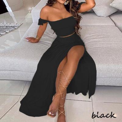 Women Elegant Two Pieces Sets Cropped Top & Split Skirt Temperament Drop-shoulder Frilled Top and High Waist Split Dress