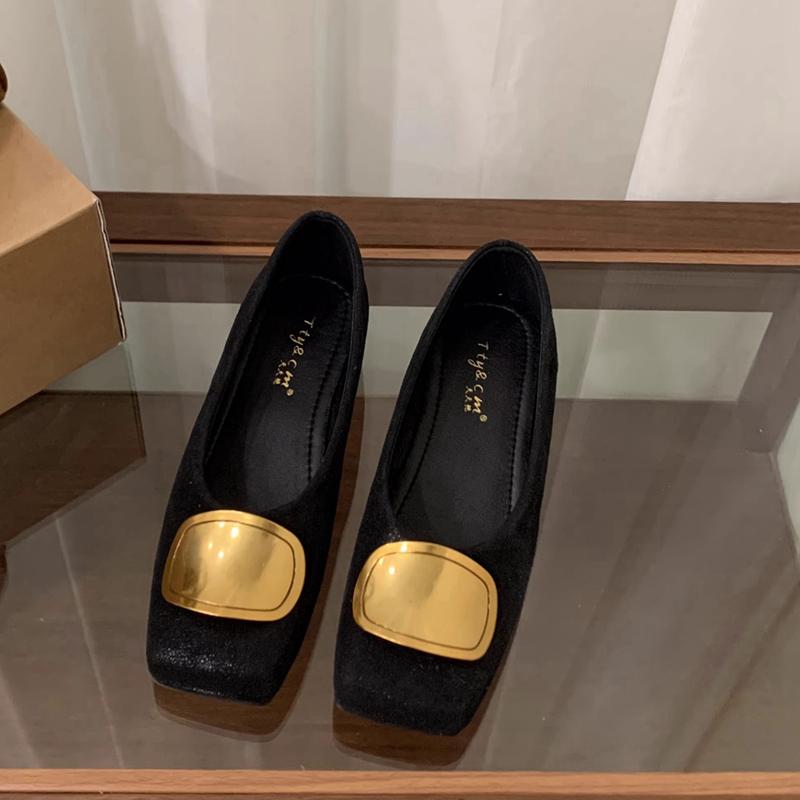 

Fashion SUOJIALUN 2025 Autumn New Brand Women Flat Shoes Fashion Gold Buckle Square Toe Shallow Slip On Boat Shoes Flat Heel Single Shoe 35 чёрный