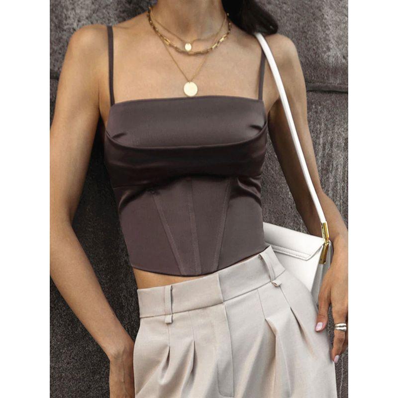 Women Clothes Fashion Gyaru Satin Fishbone Lace-up Navel Sling Base Vest Draping Cutting/three-dimensional Cutting Sexy Slimming Vest
