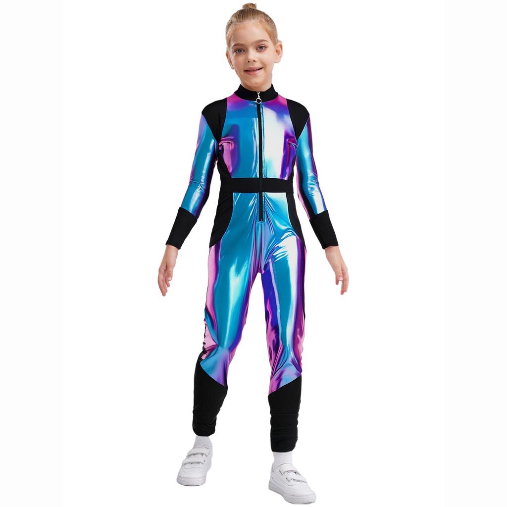 Kinder Halloween Außerirdischen Cosplay Overall: Langärmeliger Hochtaillierter Glänzender Metallischer Reißverschluss Sportlicher Body für Rollenspiele