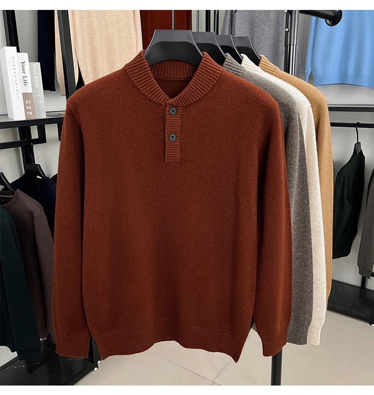 Men's Wool Sweater - Half-Button, Half-High Collar, Long Sleeve, Casual Knitwear for Autumn/Winter