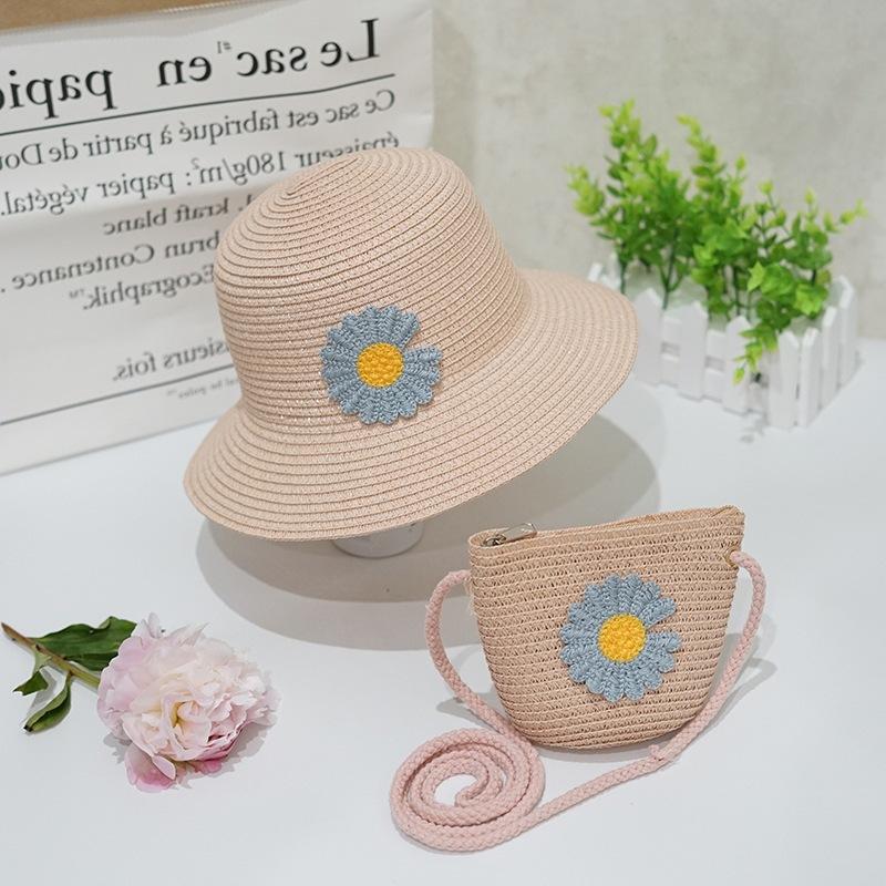 Summer Daisy Children's Straw Hat for Girls, Baby Hat, Sunshade Sun Protection Wide-brimmed Hat Bag Set, Fisherman's Basin Hat