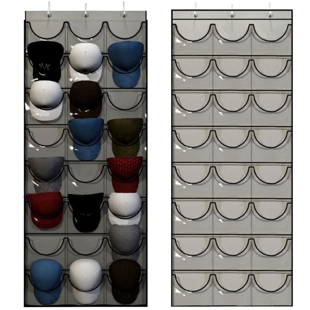 Closet Storage 24 Pockets Hat Rack Grey 3 Hooks Hat Organizer Space Saving Multi Functional Cap Rack Bedroom