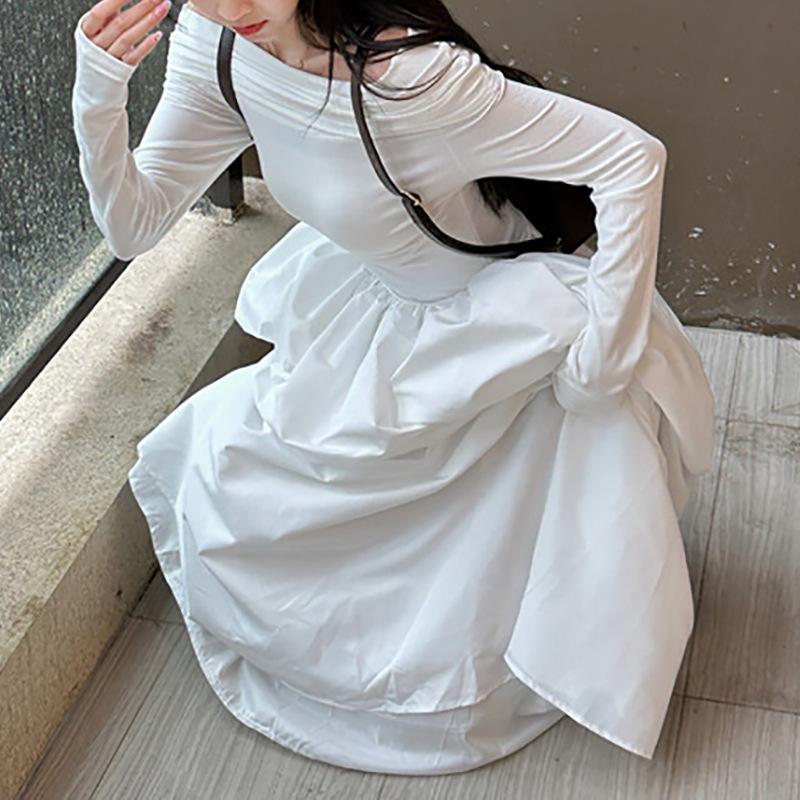 White One-length Neck Long-sleeved Dress for Women's Spring and Autumn New Off-shoulder Waist-hugging Slimming A-line Long Skirt