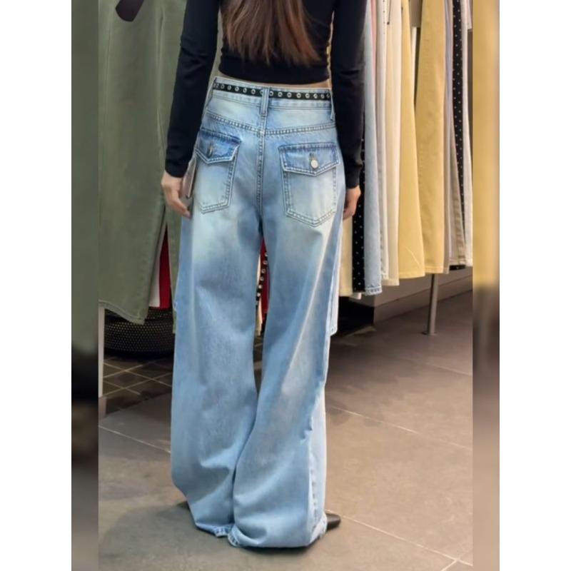 American Vintage Loose Fit Fake Two Piece Layered Jeans Women Fashion Denim Pants Wide Leg Trousers Streetwear